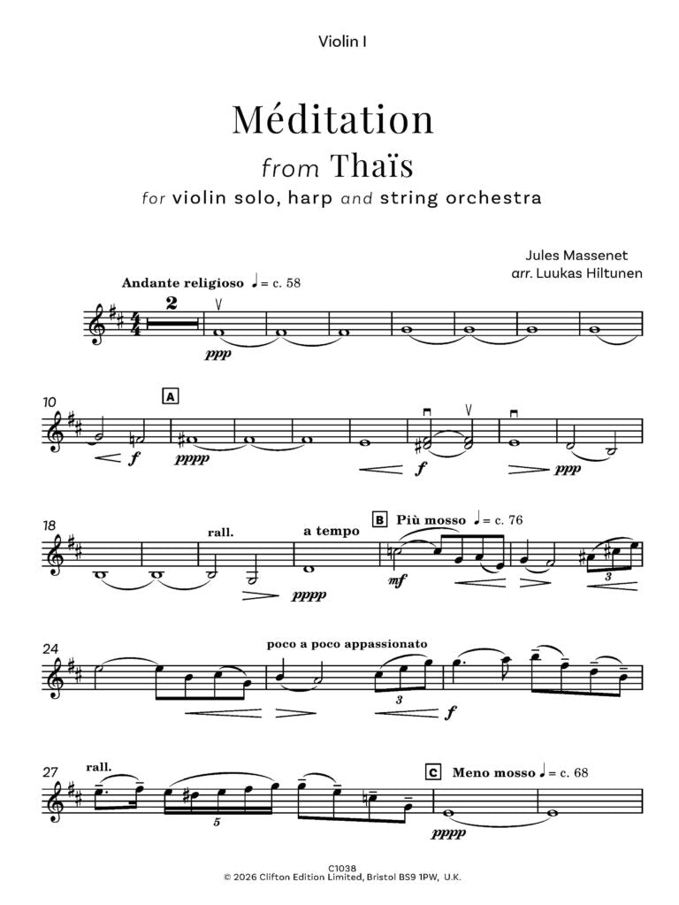 Massenet/Hiltunen - Méditation from Thaïs - String Orchestra solo violin and harp - Digital Download