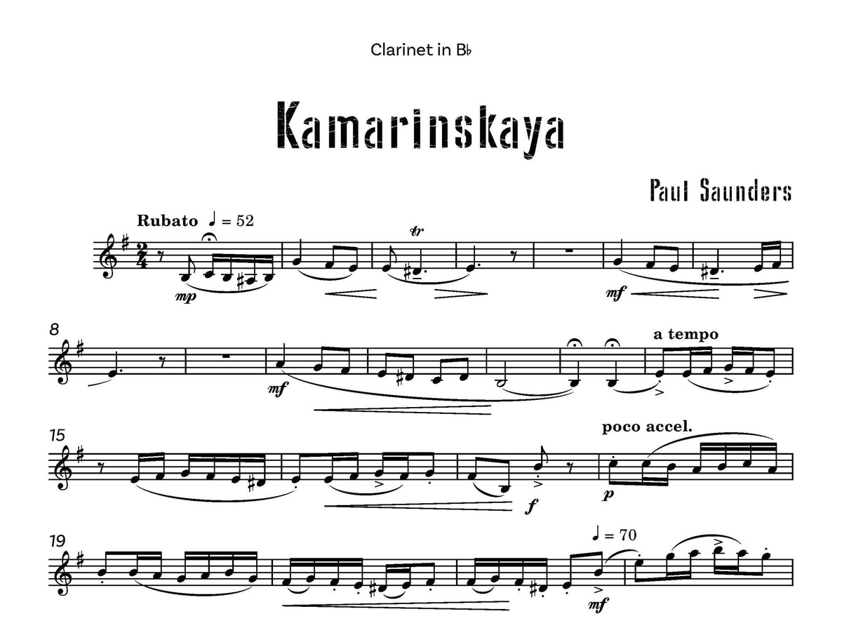 Saunders, Paul - Kamarinskaya for Clarinet and piano - Digital Download