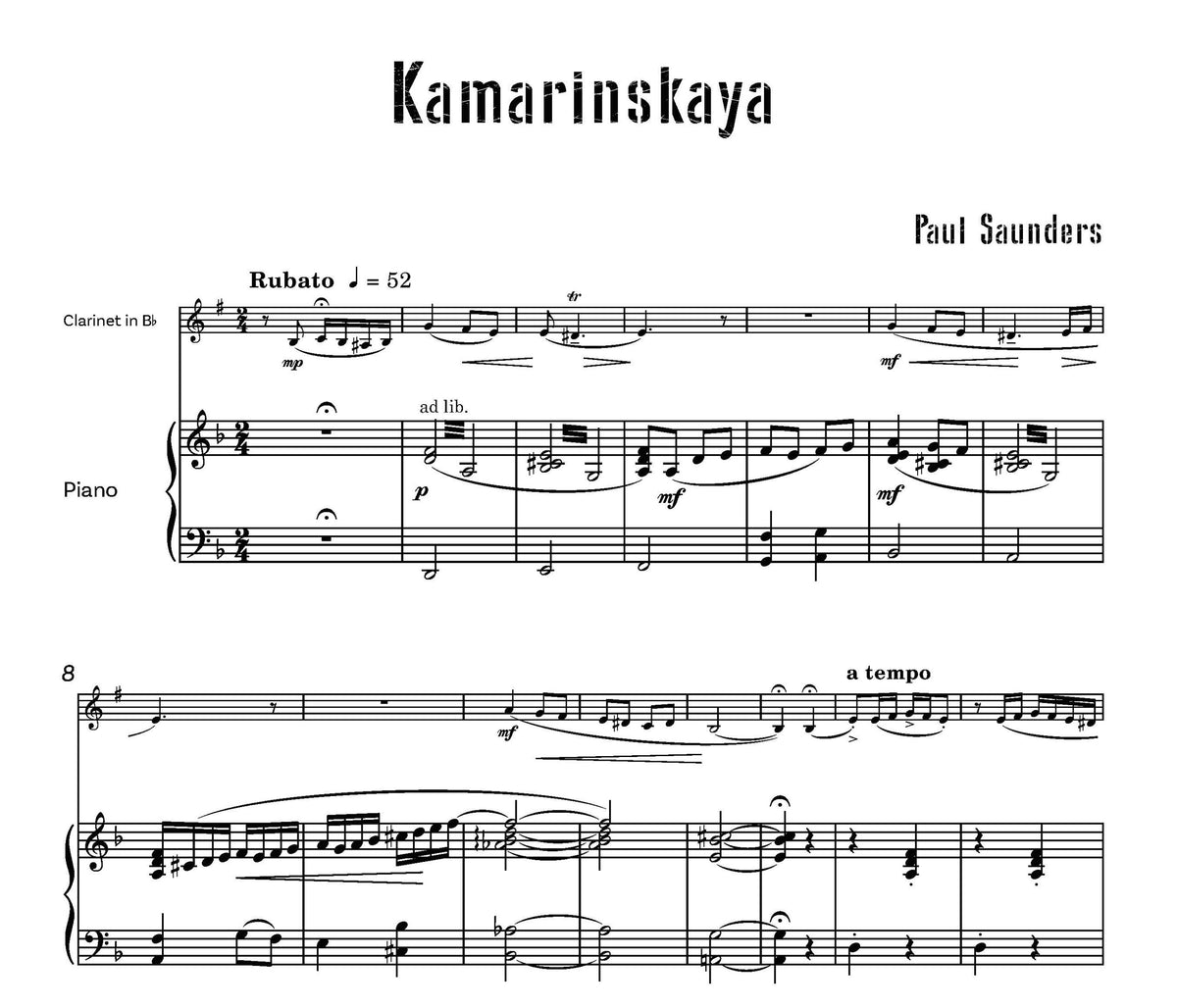 Saunders, Paul - Kamarinskaya for Clarinet and piano - Digital Download