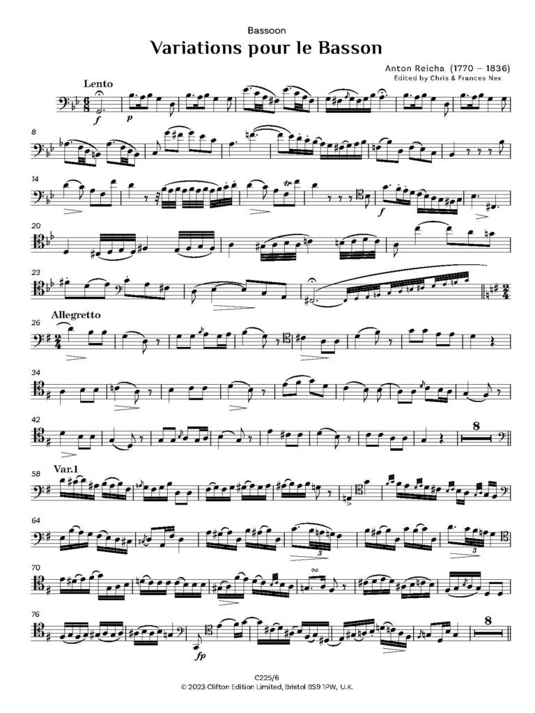 Reicha , A - Variations pour le Bassoon (Piano reduction) Digital Download