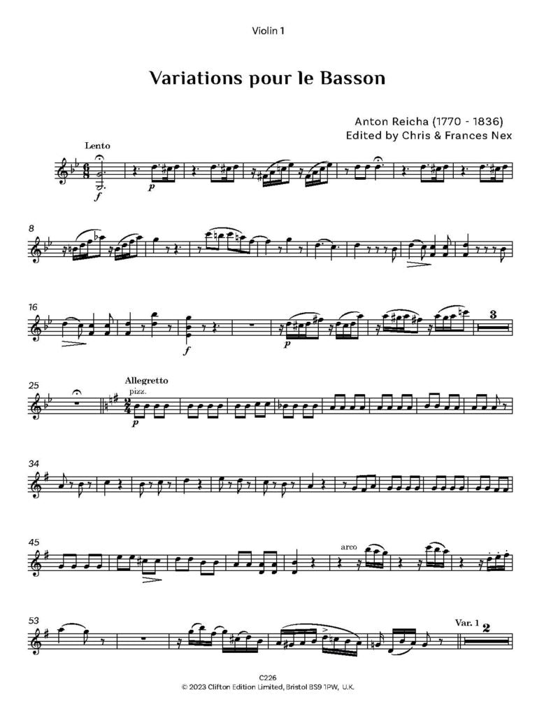 Reicha , A - Variations pour le Bassoon (Score and Parts) Digital Download