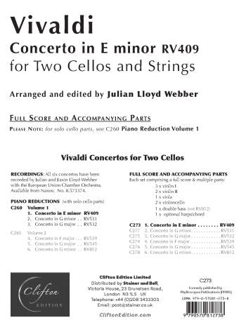 Vivaldi: Concerto in E minor RV409 [SCORE AND PARTS] (Two Cellos & Orchestra)