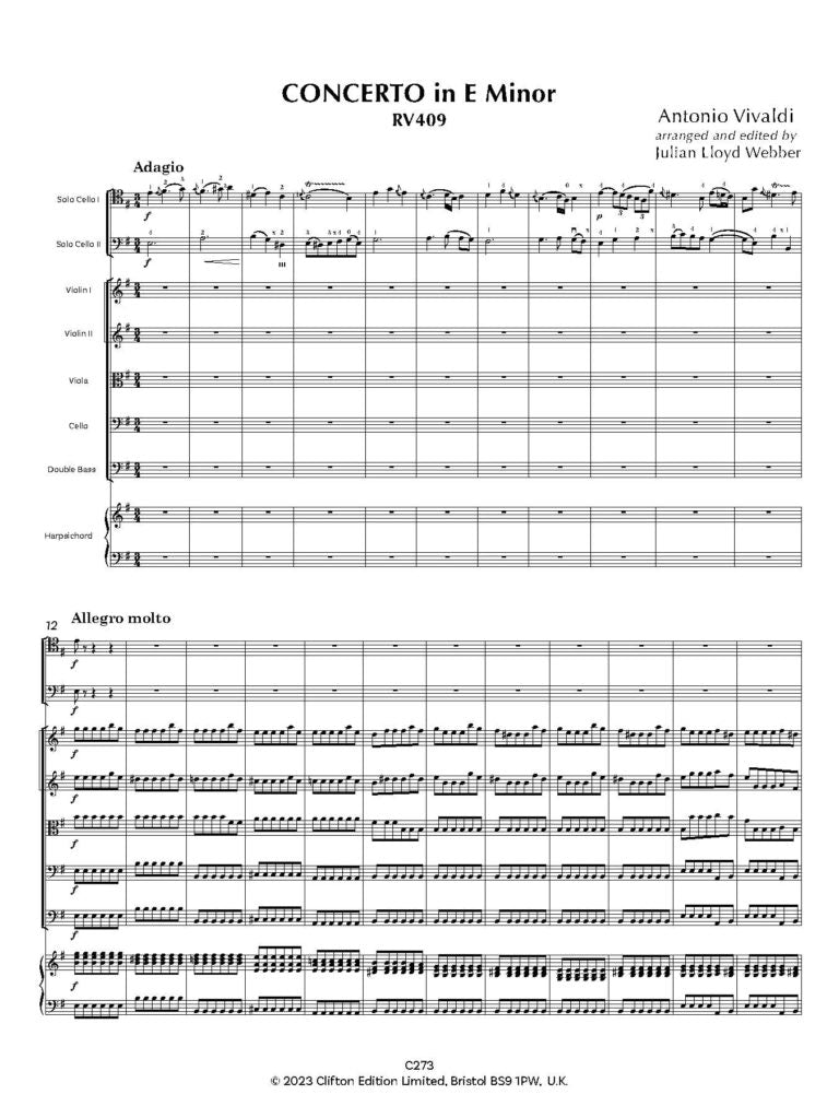 Vivaldi: Concerto in E minor RV409 [SCORE AND PARTS] (Two Cellos & Orchestra)