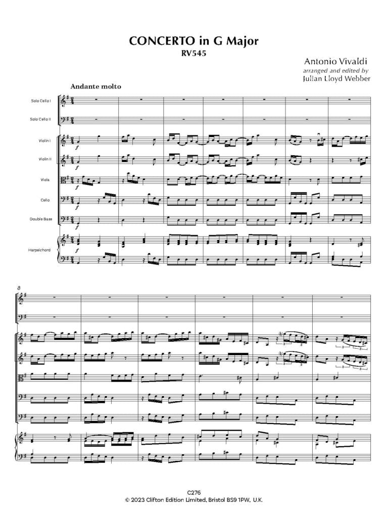 Vivaldi: Concerto in G major RV545 (SCORE AND PARTS) (Two Cellos & Orchestra) - Digital Download