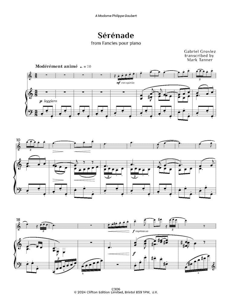 Grovlez: Sérénade arr. Tanner for Flute and Piano - Digital Download