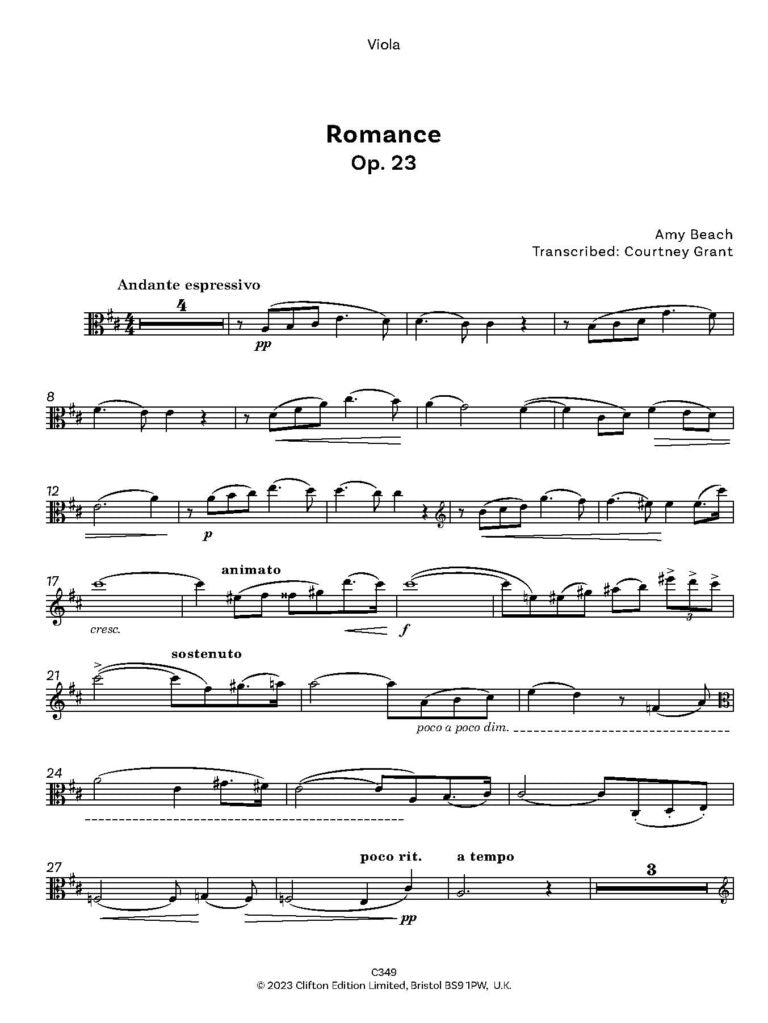 Beach, Amy: Romance Op. 23 transcribed for Viola and Piano - Digital Download