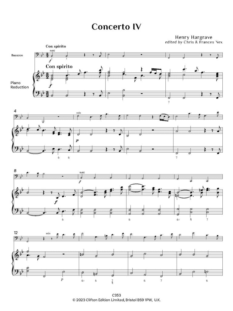 Hargrave: Concerto IV in B flat – Piano reduction and bassoon part Piano reduction with bassoon part. - Digital Download