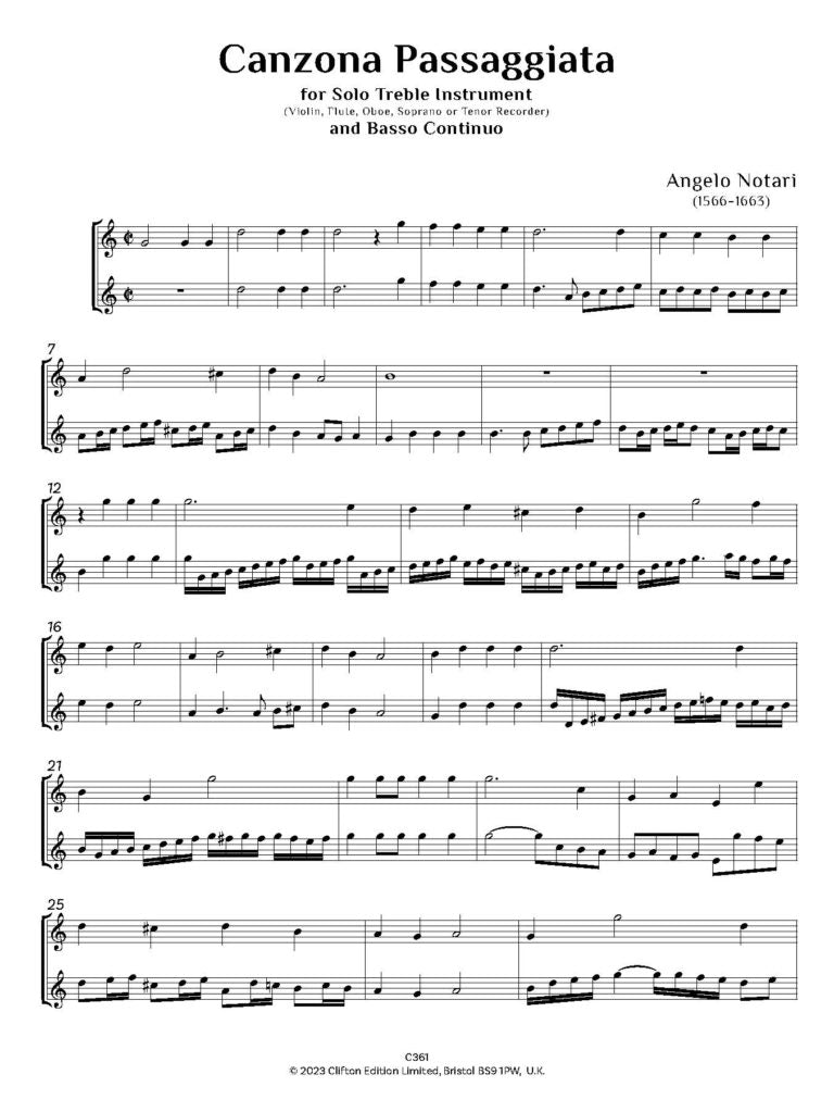 Notari, Angelo: Canzona Passaggiata for Solo Treble Instrument & Piano - Digital Download