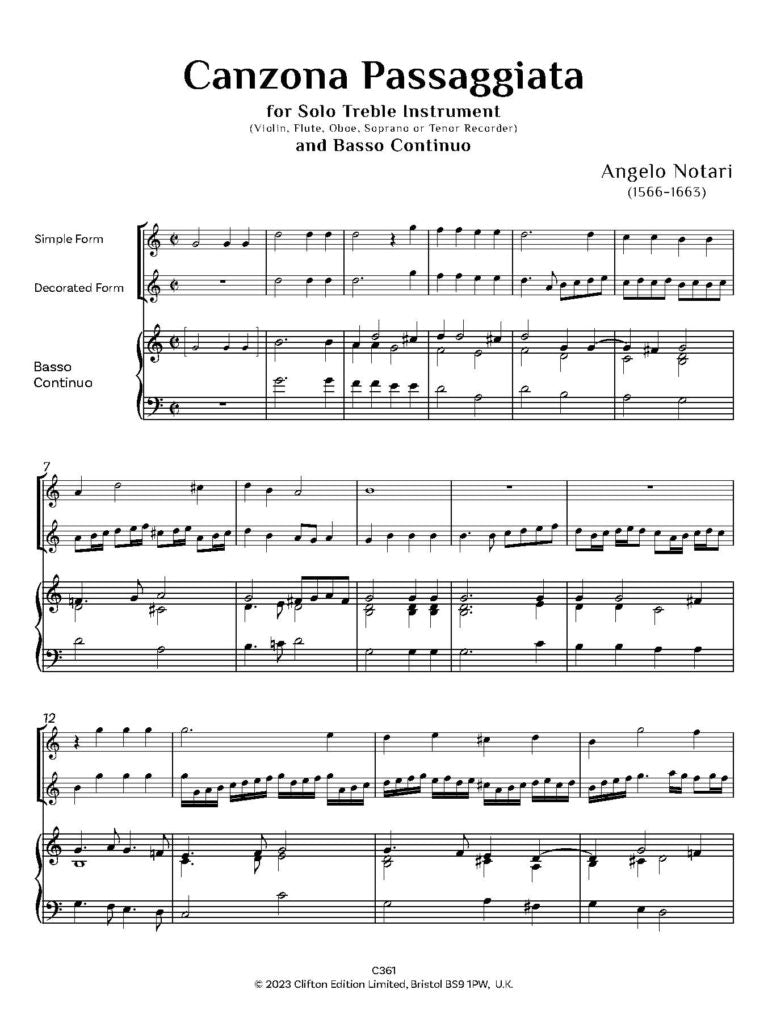 Notari, Angelo: Canzona Passaggiata for Solo Treble Instrument & Piano - Digital Download