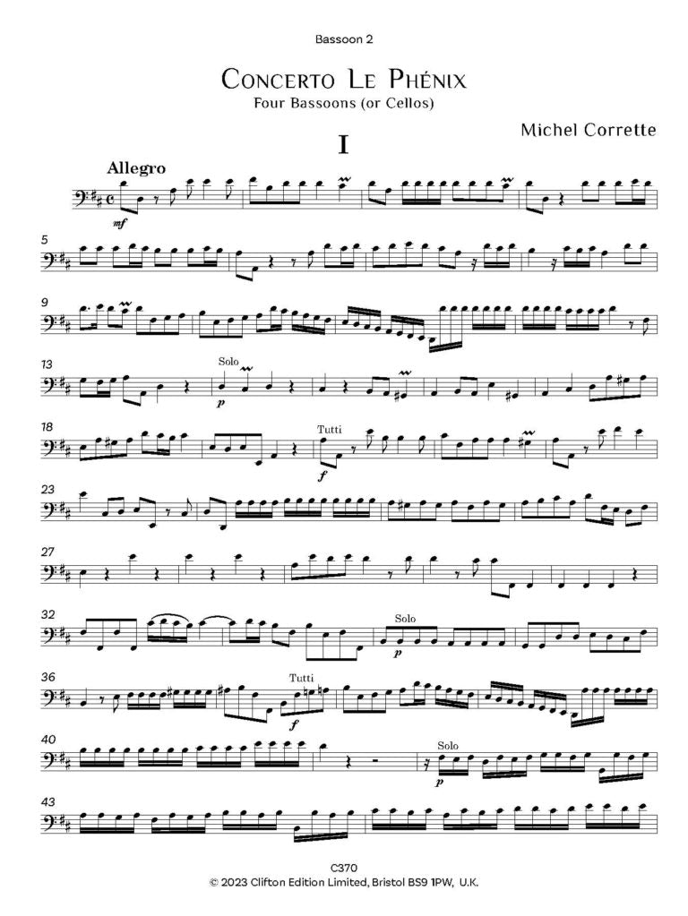 Corrette , Michel - Concerto Le Phenix  for 4 Bassoons (or Cellos) - Digital Download