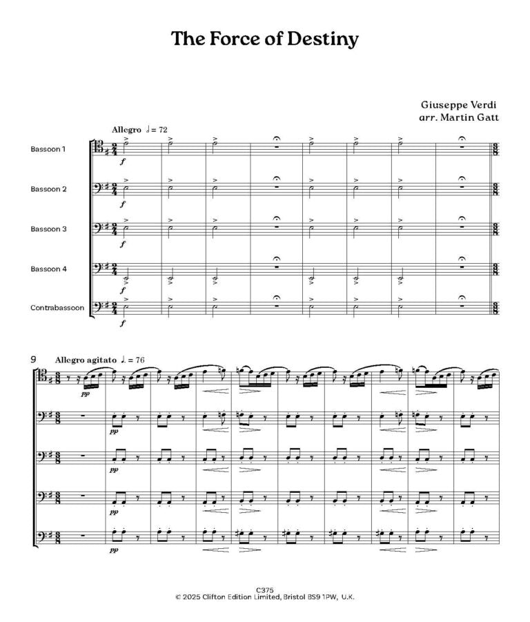 Verdi arr (M Gatt) The Force of Destiny Overture Bassoon Quartet 4 Bns - Digital Download