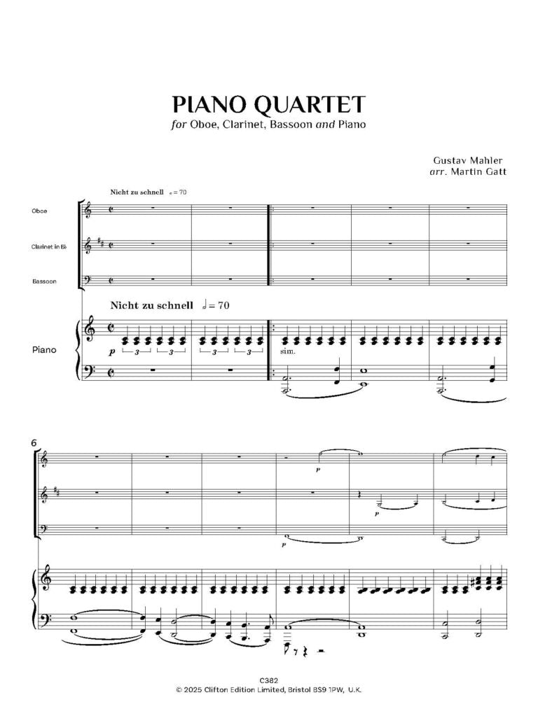 Mahler, Gustav -Piano Quartet (1876) Oboe, Clarinet, Bassoon and Piano- Digital Download