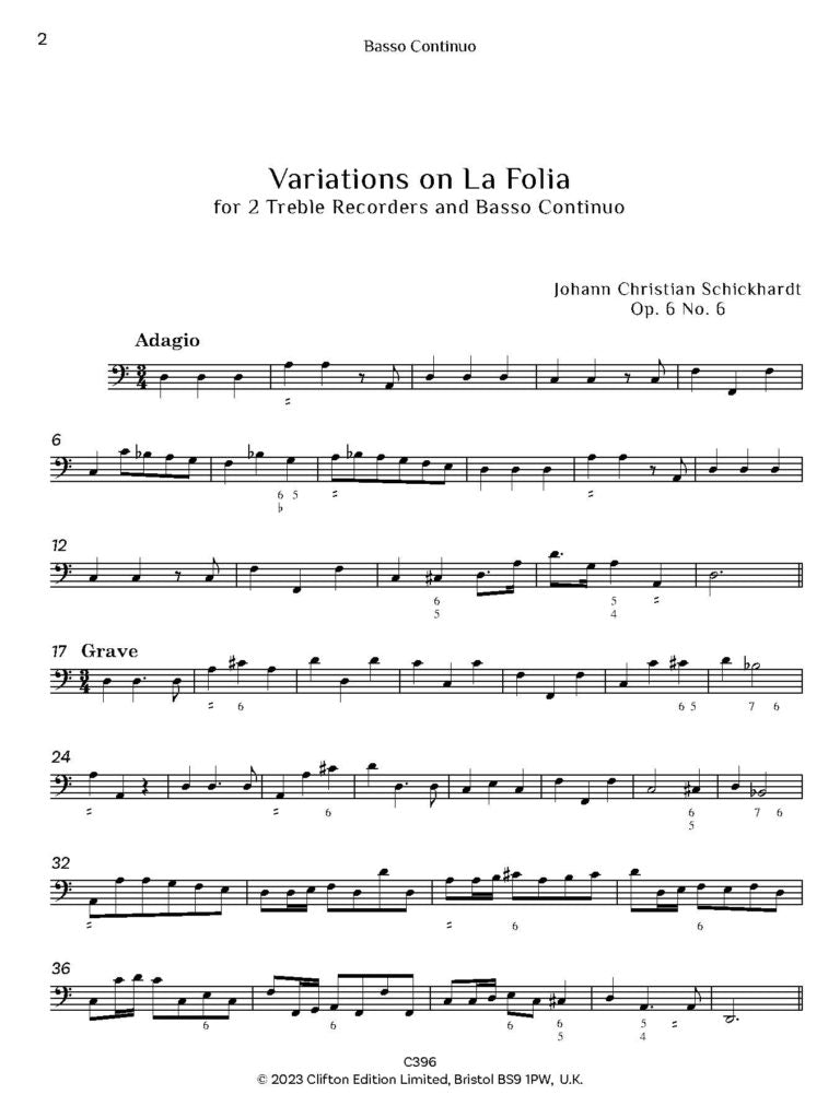 Schickhardt: Variations on La Folia Op. 6 No. 6 – Two Treble Recorders & Continuo - Digital Download