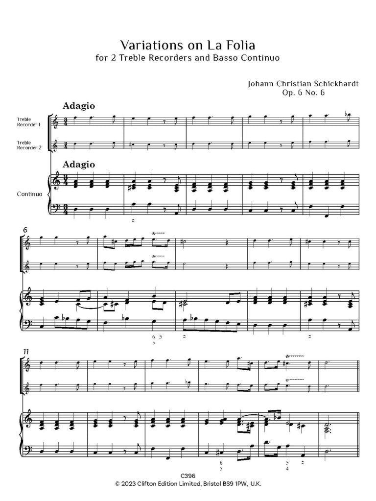 Schickhardt: Variations on La Folia Op. 6 No. 6 – Two Treble Recorders & Continuo