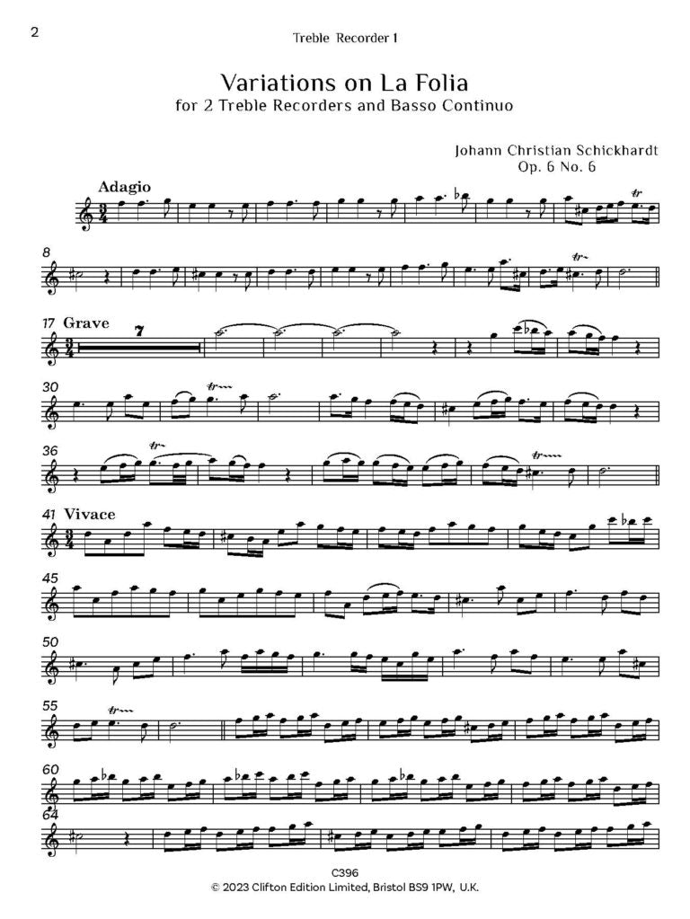 Schickhardt: Variations on La Folia Op. 6 No. 6 – Two Treble Recorders & Continuo