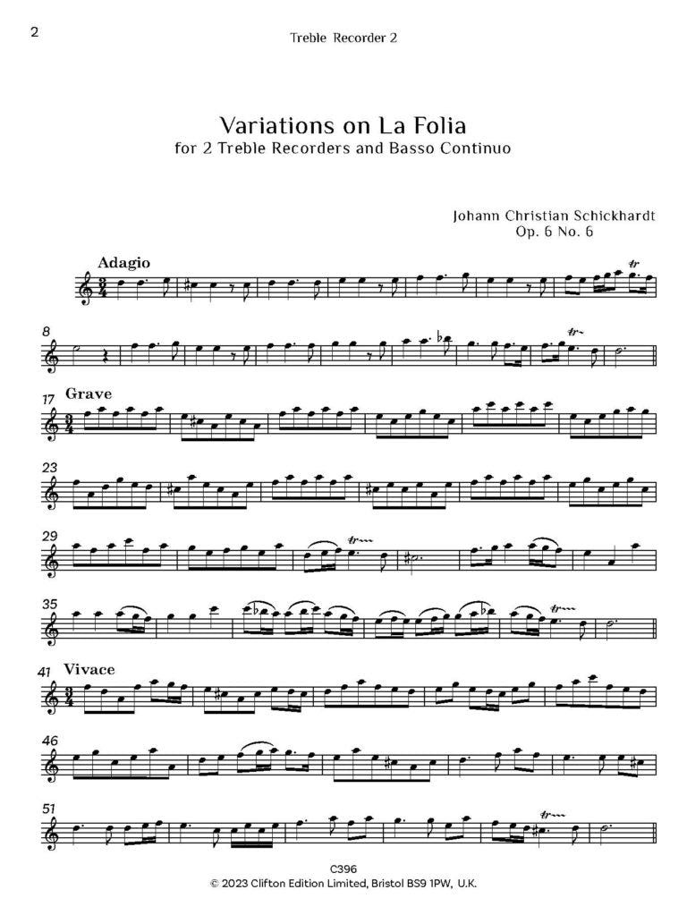 Schickhardt: Variations on La Folia Op. 6 No. 6 – Two Treble Recorders & Continuo