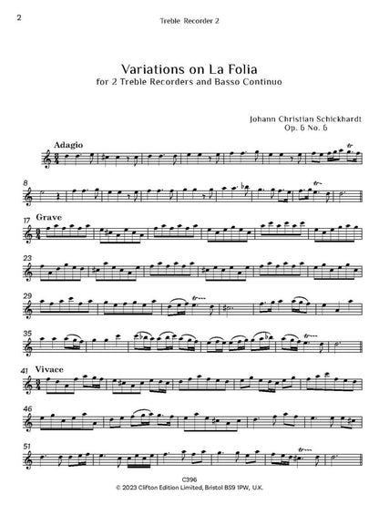 Schickhardt: Variations on La Folia Op. 6 No. 6 – Two Treble Recorders & Continuo