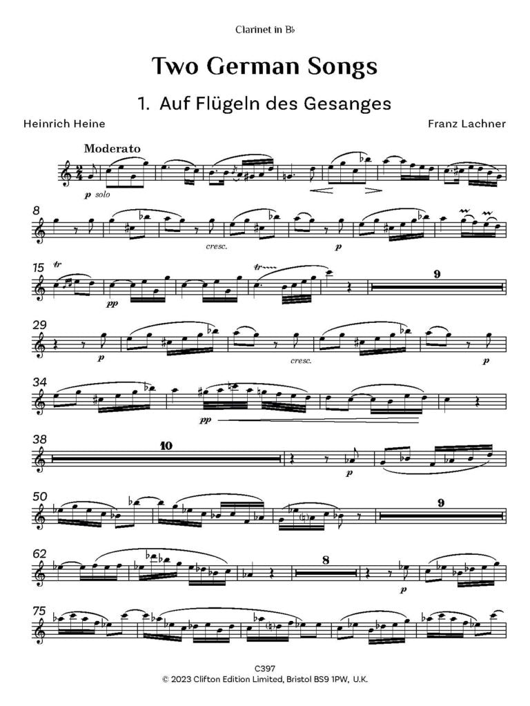 Lachner, Franz: Two German Songs for voice, clar & pft (or 2 clar & pft) - Digital Download