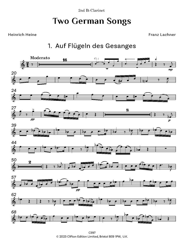 Lachner, Franz: Two German Songs for voice, clar & pft (or 2 clar & pft) - Digital Download