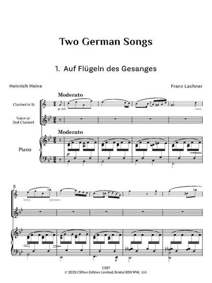 Lachner, Franz: Two German Songs for voice, clar & pft (or 2 clar & pft) - Digital Download