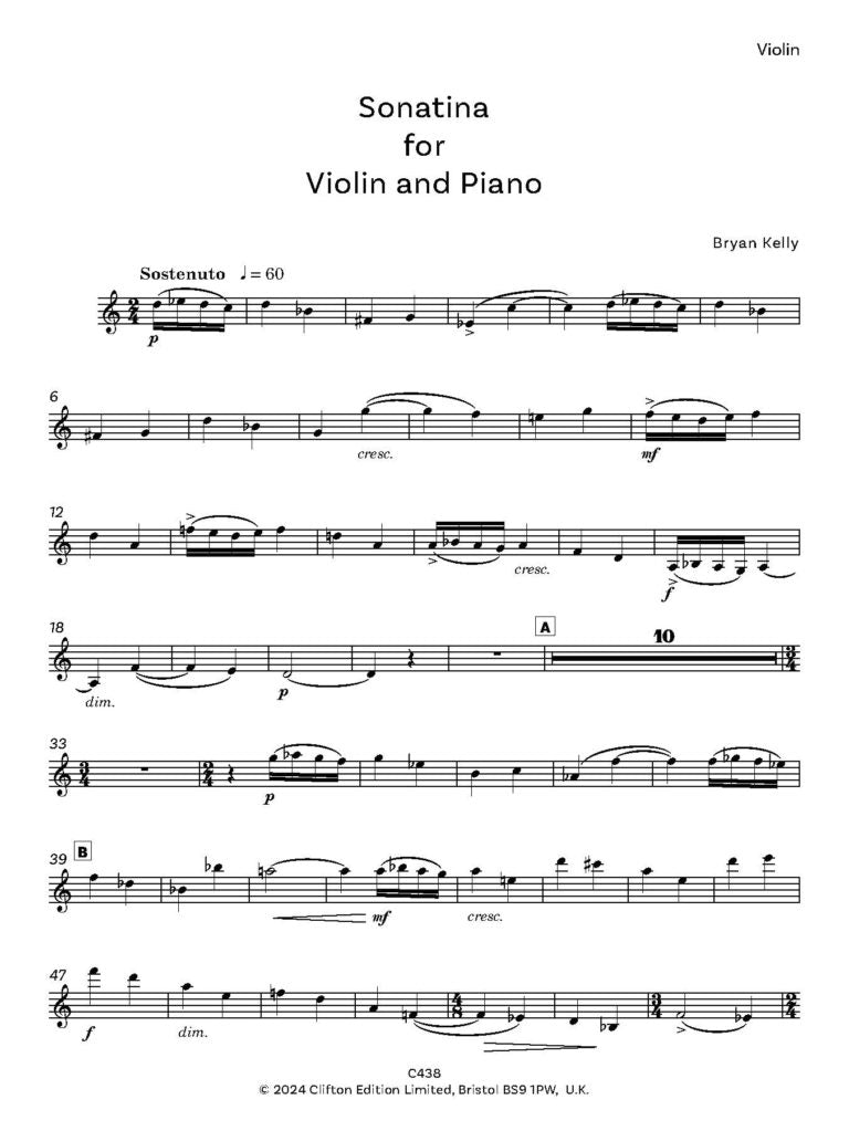 Kelly, Bryan -Sonatina for Violin and Piano - Digital Download