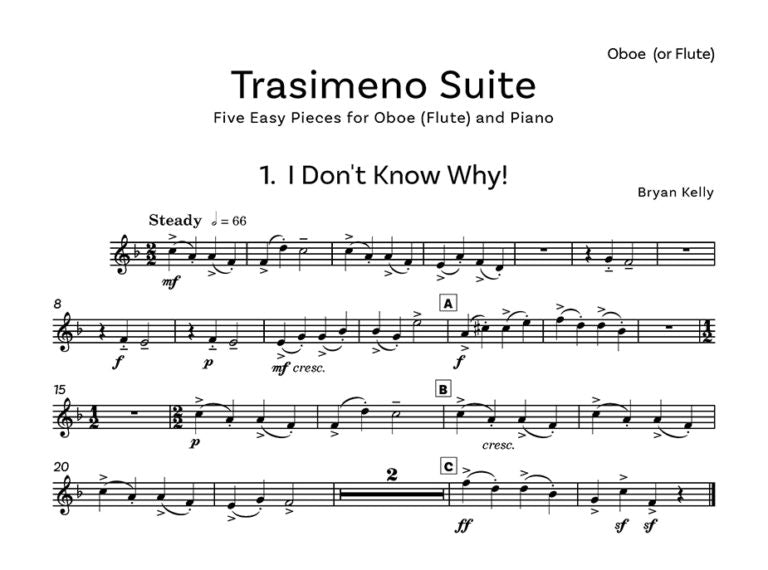 Kelly, Bryan - Trasimeno Suite Five Easy Pieces for oboe/flute and piano - Digital Download