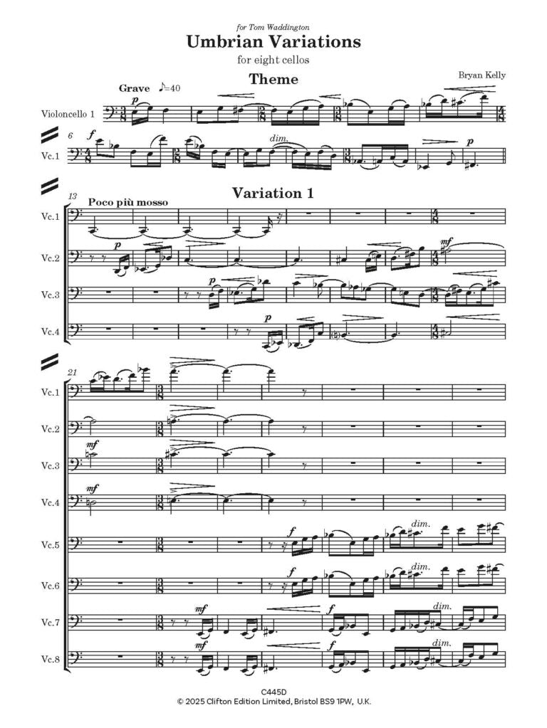 Kelly, Bryan: Umbrian Variations for 8 cellos - Digital Download