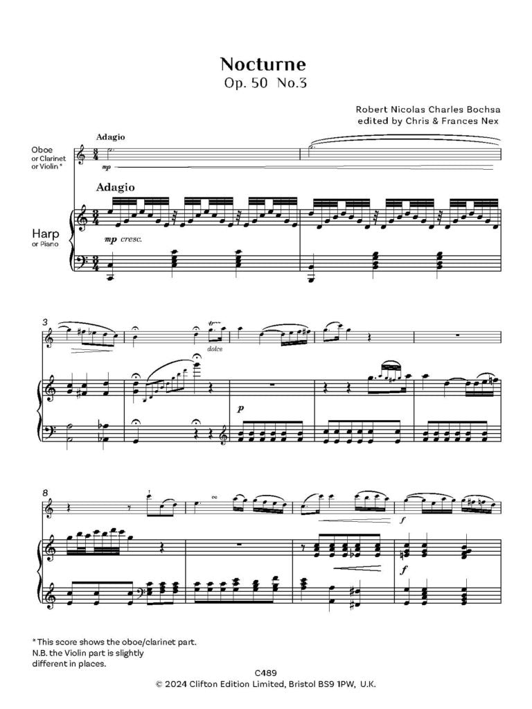 Bochsa, R.N.C.: Nocturne Op. 50 No. 3 for Harp/pno and Oboe/cl/vln