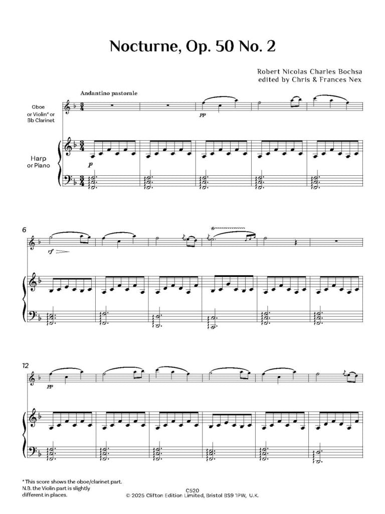 Robert Nicolas Charles Bochsa ed. C M M Nex ed. F H Nex - Nocturne Op. 50 No. 2 - Harp (or piano) and Oboe (or flute or clarinet or violin)- Digital Download