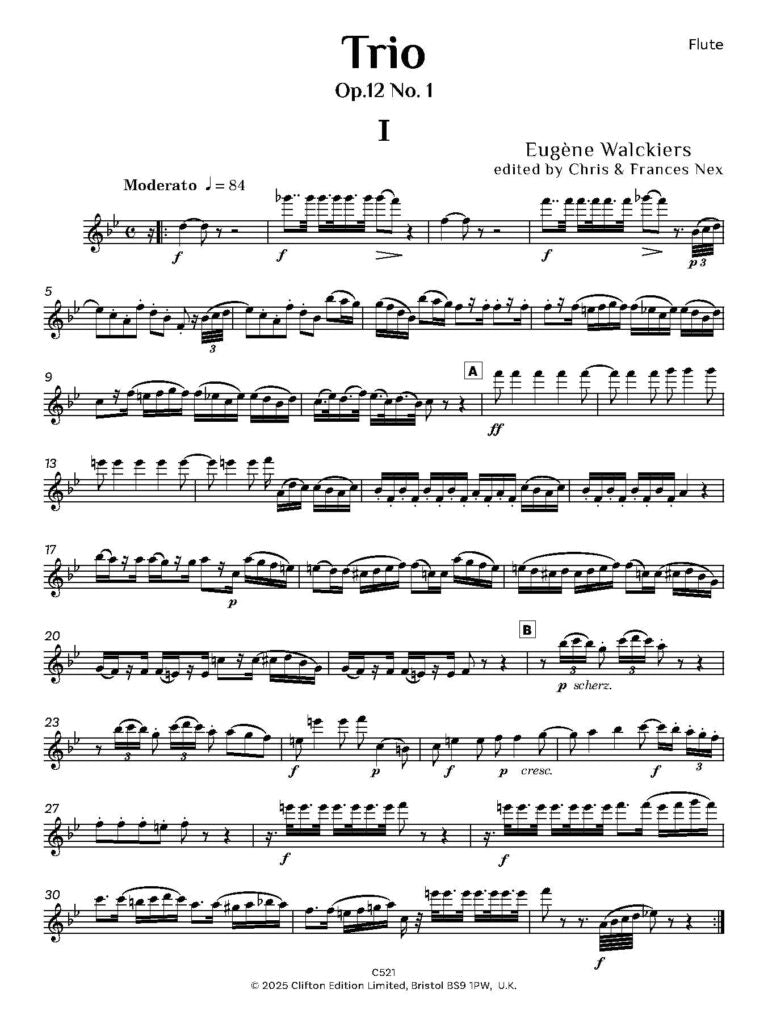 Eugène Walckiers ed. C M M Nex ed. F H Nex - Trio Op. 12 No. 1 in B flat Score and Parts- Digital Download