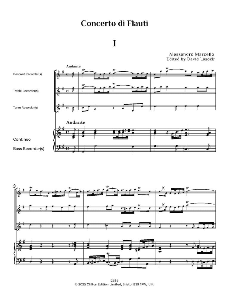 Marcello, A - Concerto di Flauti for recorders and strings - Digital Download