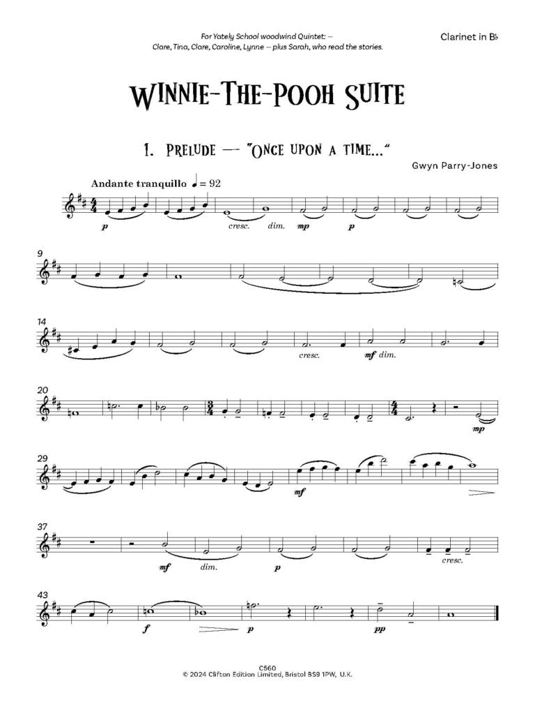 Parry- Jones, Gwyn - Winnie The Pooh Suite Score and Parts for wind quintet- Digital Download