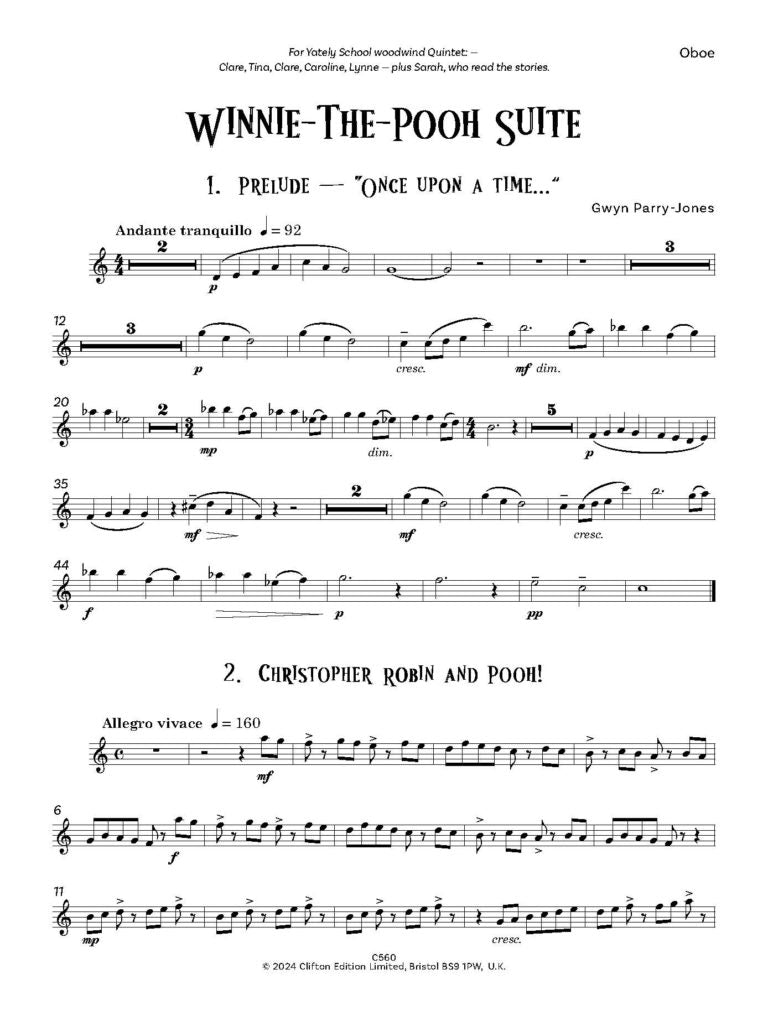 Parry- Jones, Gwyn - Winnie The Pooh Suite Score and Parts for wind quintet- Digital Download