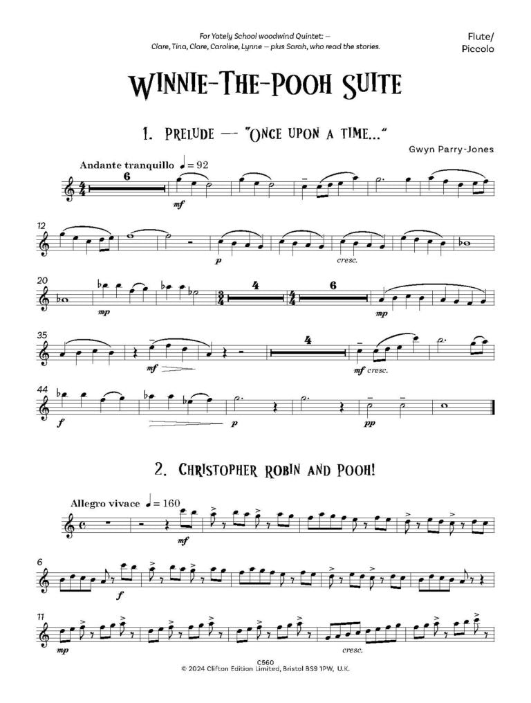 Parry- Jones, Gwyn - Winnie The Pooh Suite Score and Parts for wind quintet- Digital Download