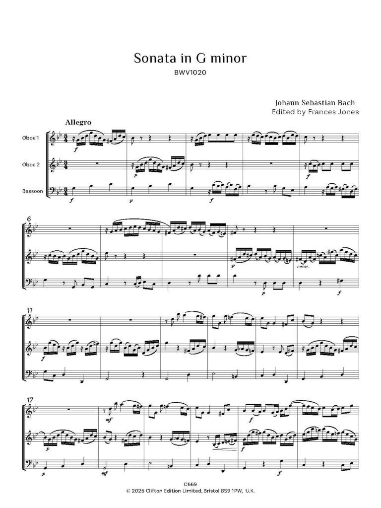 Bach JS - Sonata in G minor, BWV 1020 for two oboes and bassoon - Digital Download