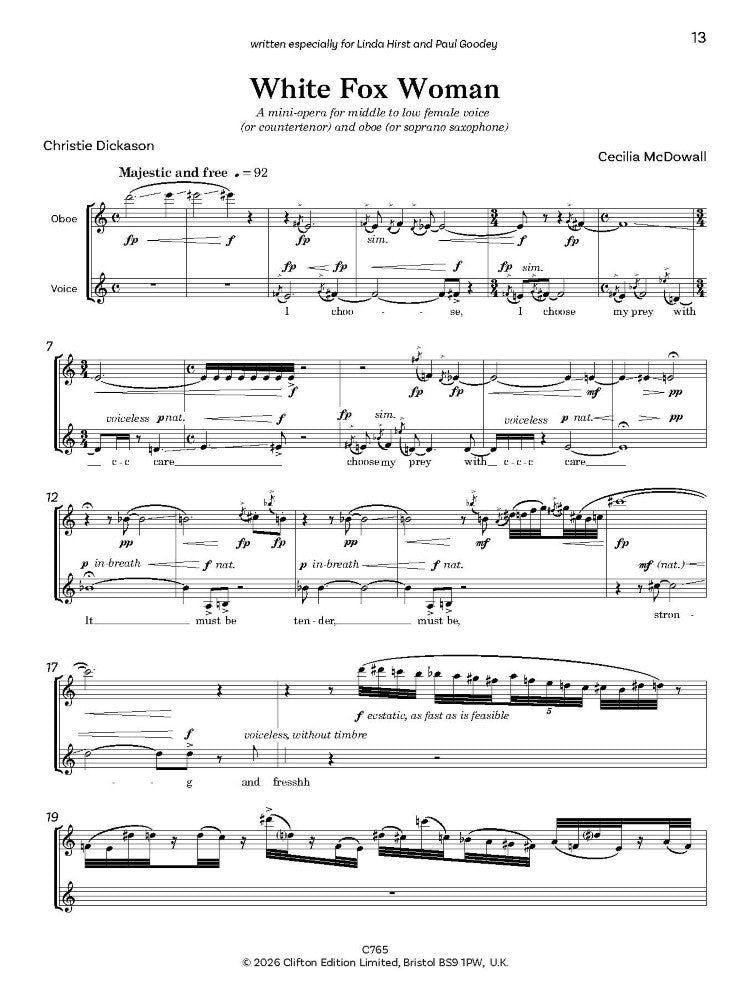 McDowall, Cecilia: White Fox Woman for Voice & Soprano Saxophone