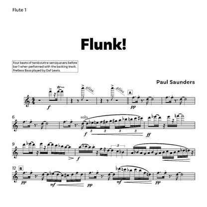 Saunders, Paul - Flunk!  for 5 Flutes with optional Alto Flute and either Bass Clarinet or Backing Tracks.- Digital Download