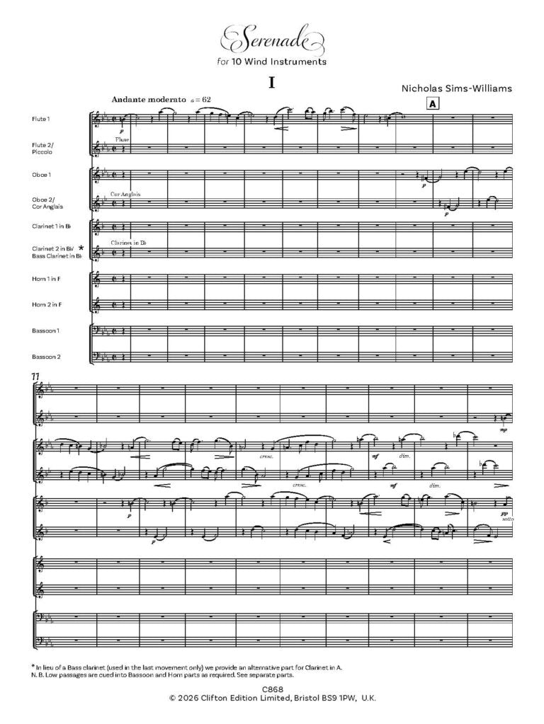 Sims-Williams, N - Serenade for ten wind instruments – Score only - Digital Download