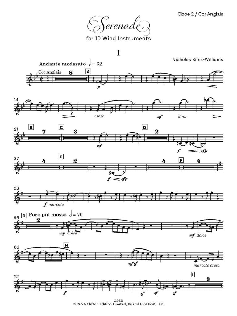 Sims-Williams, N - Serenade for ten wind instruments – Parts - Digital Download