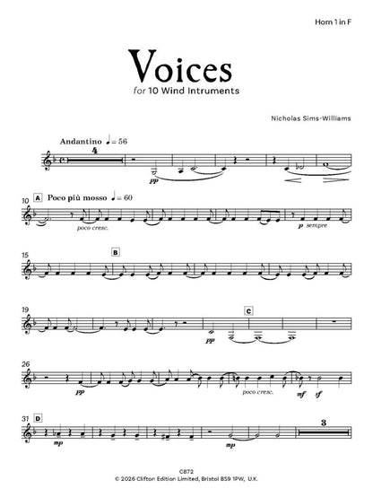 Nicholas Sims-Williams - Voices for 10 wind instruments - (Digital Download)