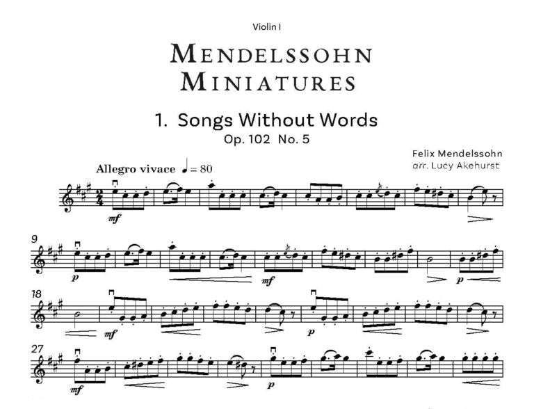 Mendelssohn Miniatures Opus 62 No. 2 and Opus 102 Nos. 2 and 5 for 2 violins and piano Opt Cello- Digital Download