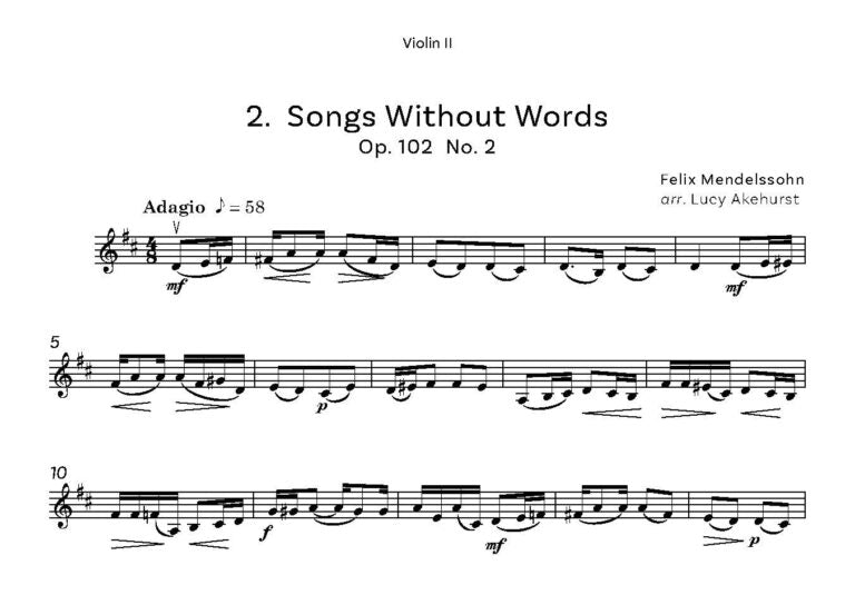 Mendelssohn Miniatures Opus 62 No. 2 and Opus 102 Nos. 2 and 5 for 2 violins and piano Opt Cello- Digital Download