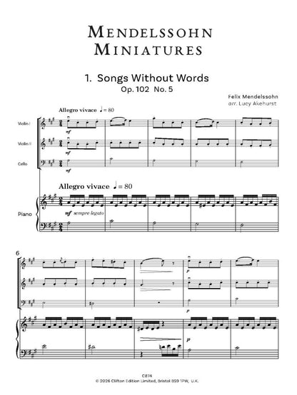Mendelssohn Miniatures Opus 62 No. 2 and Opus 102 Nos. 2 and 5 for 2 violins and piano Opt Cello- Digital Download