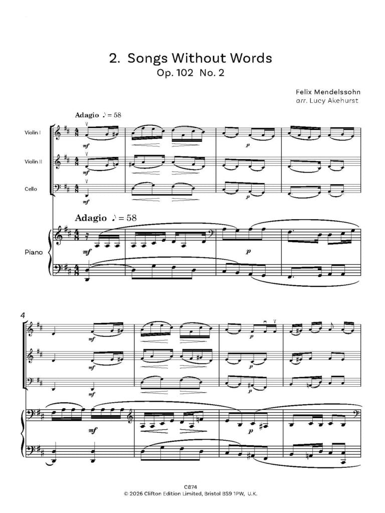Mendelssohn Miniatures Opus 62 No. 2 and Opus 102 Nos. 2 and 5 for 2 violins and piano Opt Cello- Digital Download