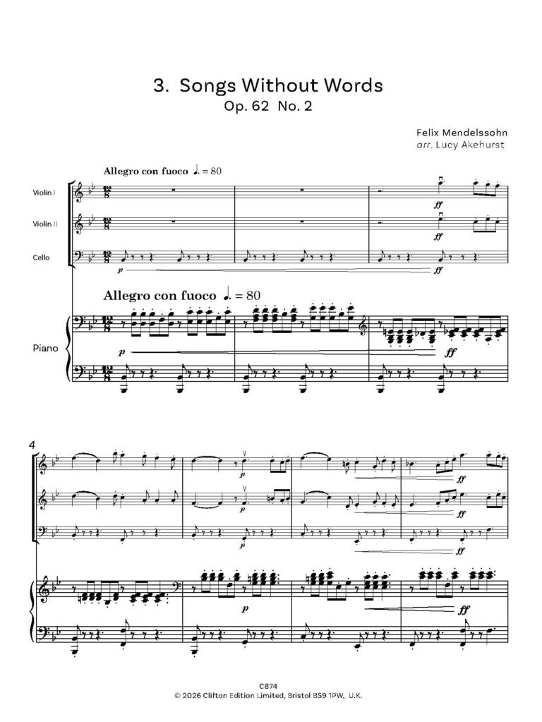 Mendelssohn Miniatures Opus 62 No. 2 and Opus 102 Nos. 2 and 5 for 2 violins and piano Opt Cello- Digital Download