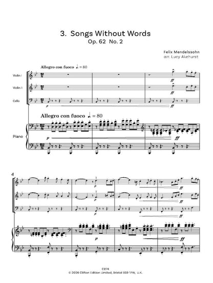 Mendelssohn Miniatures Opus 62 No. 2 and Opus 102 Nos. 2 and 5 for 2 violins and piano Opt Cello- Digital Download