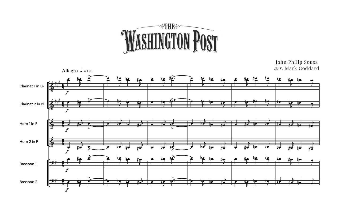 John Philip Sousa arr. Mark Goddard - The Washington Post for Wind Sextet - (Digital Download)