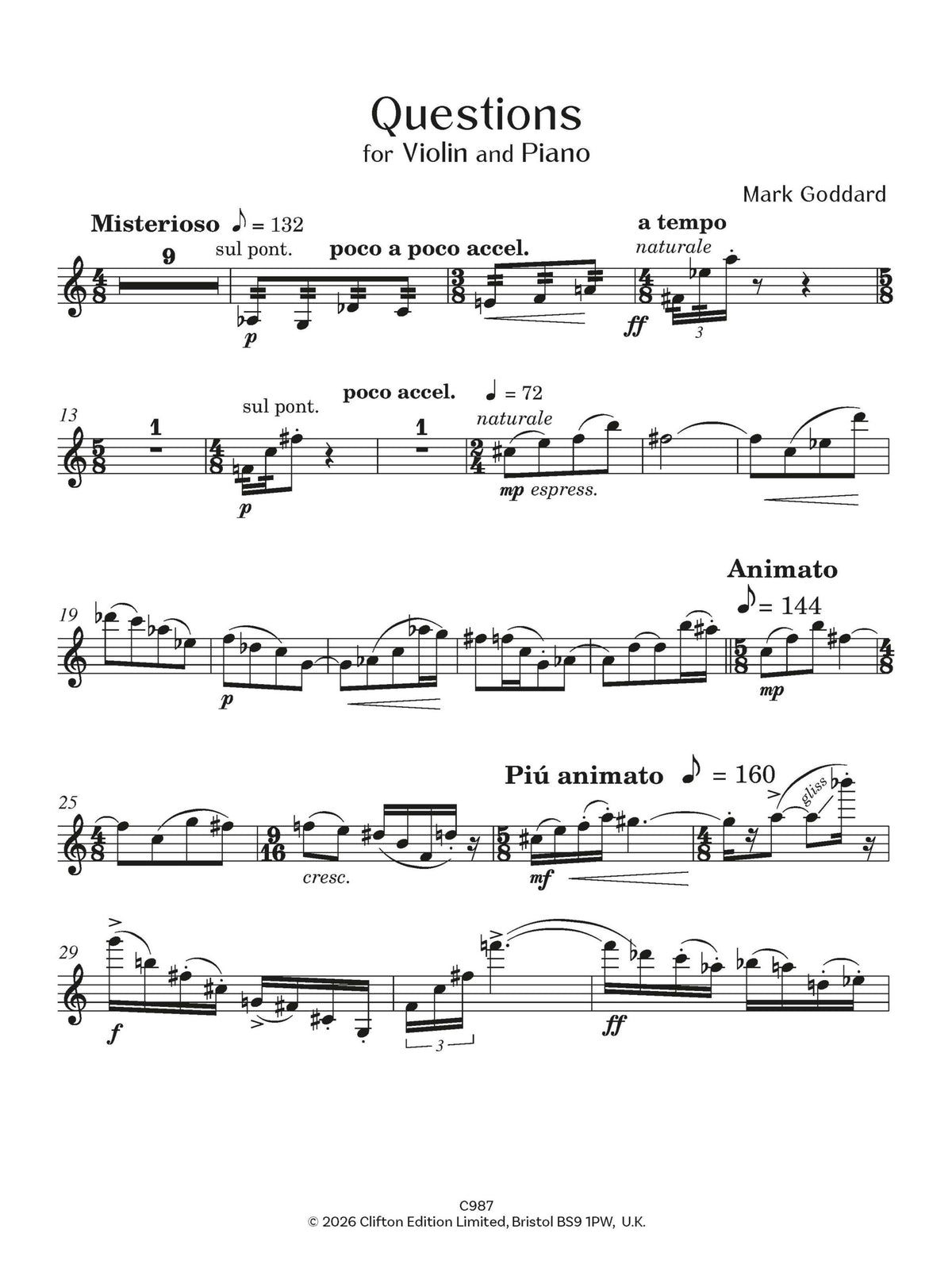 Goddard, Mark - Questions for Violin and Piano- Digital Download