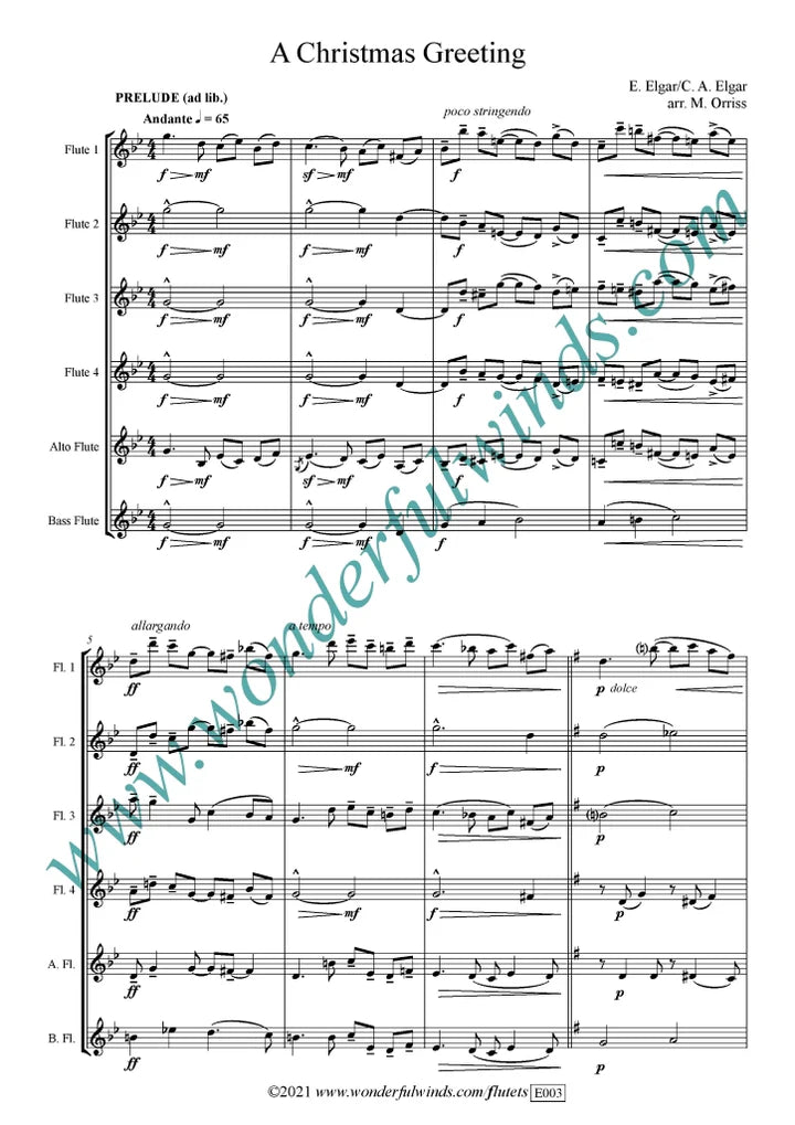 Elgar, E./Elgar, C.A.- A Christmas Greeting - for flute ensemble  Digital Download