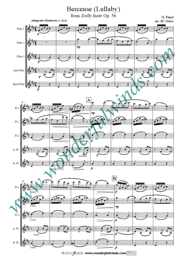 Faure - Berceuse from the dolly suite - for 5 flutes Digital Download